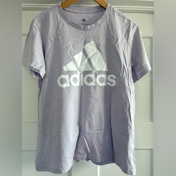 Women’s Adidas Size Large Lilac Purple & White Logo Front Short Sleeve Tee - Picture 1 of 4